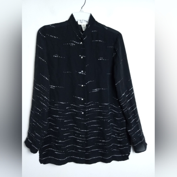 Rena Rowan Black w/White Detail Semi-Sheer 100% Silk Button Up Shirt size 8P - Picture 2 of 7